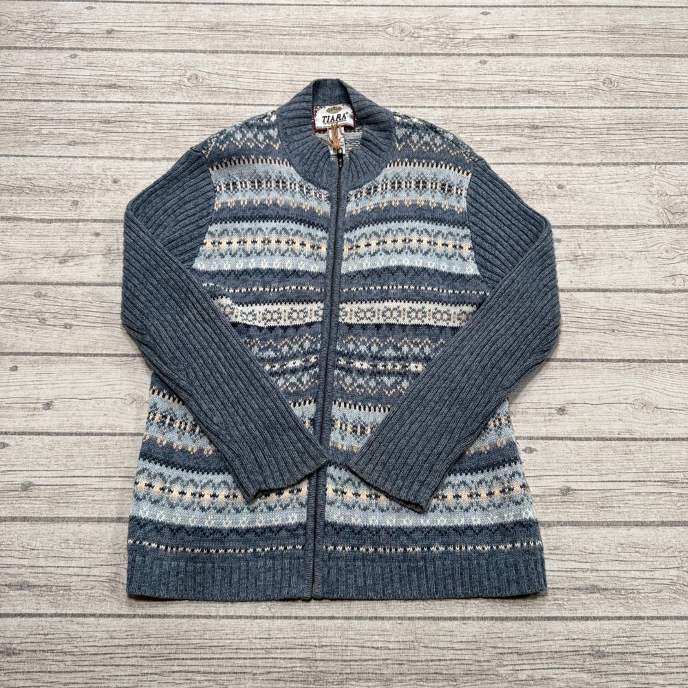 Vintage Tiara Sweater Women's Small Blue Zip Up International Fair Isle Cardigan